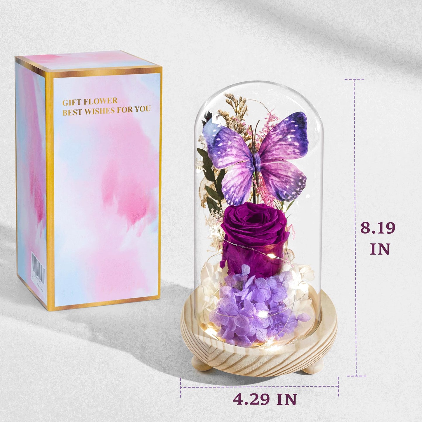JIGQGY Forever Flowers Preserved Roses Prime Delivery, with Light in Glass Dome for Mom Grandma Wife Girlfriend, Purple Flower for Mother's Day, Valentine's Day, Anniversary, Birthday