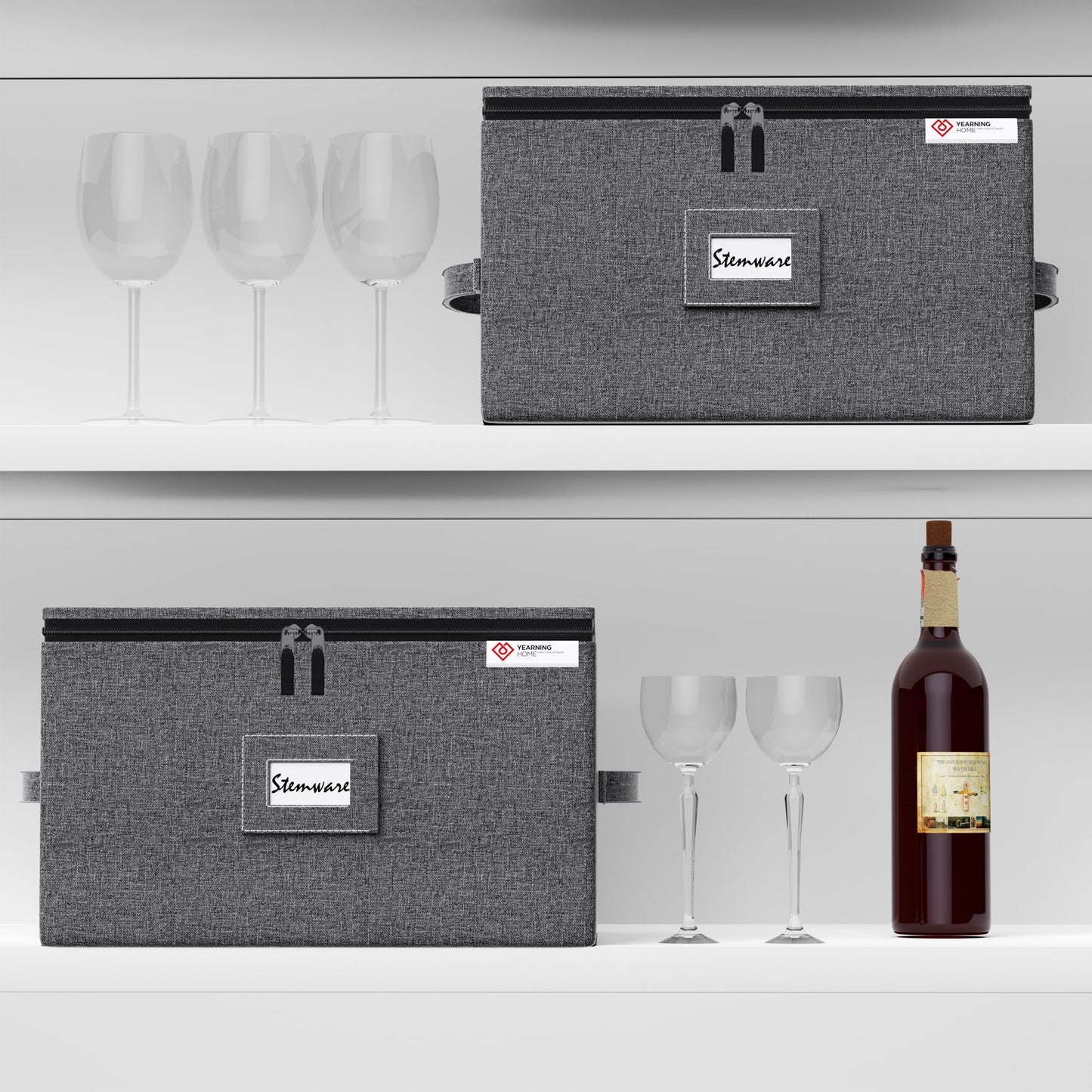 YearningHome 2 Pack Wine Glass Storage Box with Dividers,Stemware Storage Cases with Sturdy Handle and Hard Shell for Glassware Crystal Storage,Transport and Moving,Holds 12,Grey