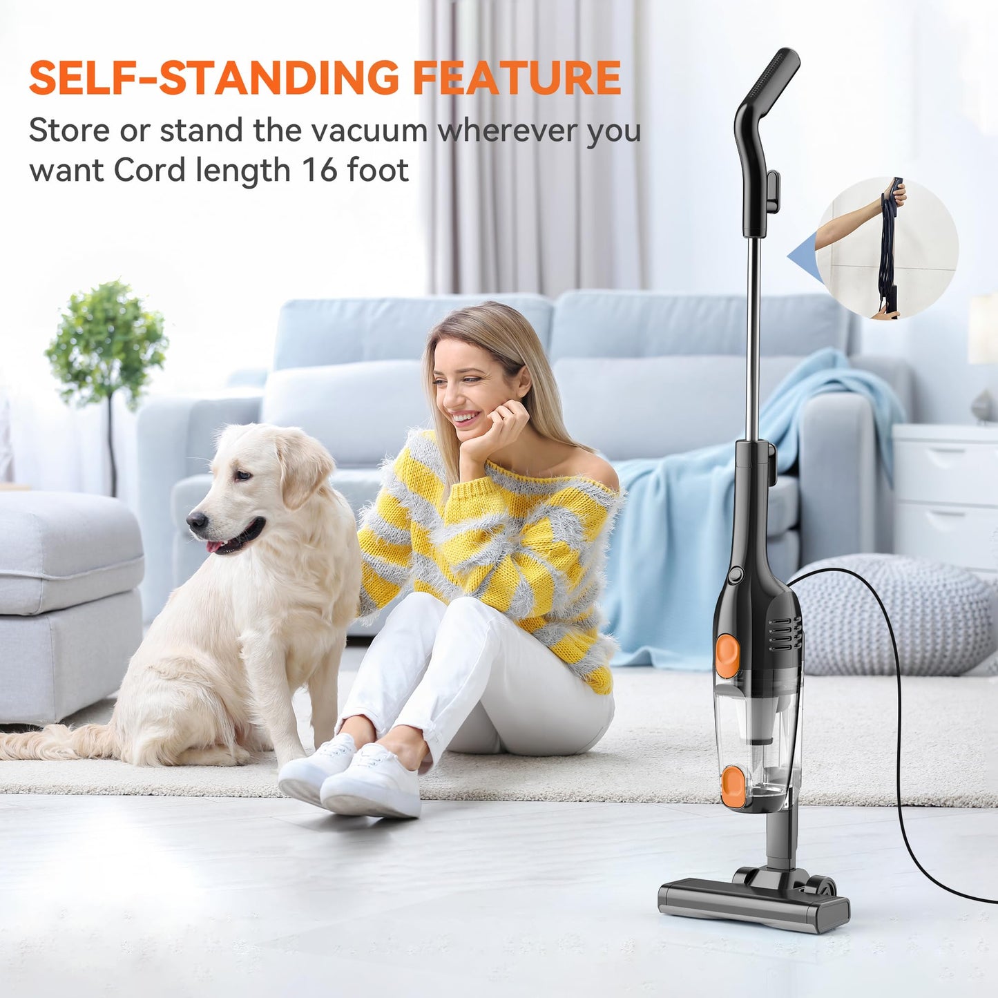 Vazone R6X Corded Stick Vacuum Cleaners for Home, 20Kpa Powerful Suction Stick Vacuum with 16Ft Cord, 2 in 1 Lightweight Handheld Vacuum Cleaner for Hardwood Floor Pet Hair