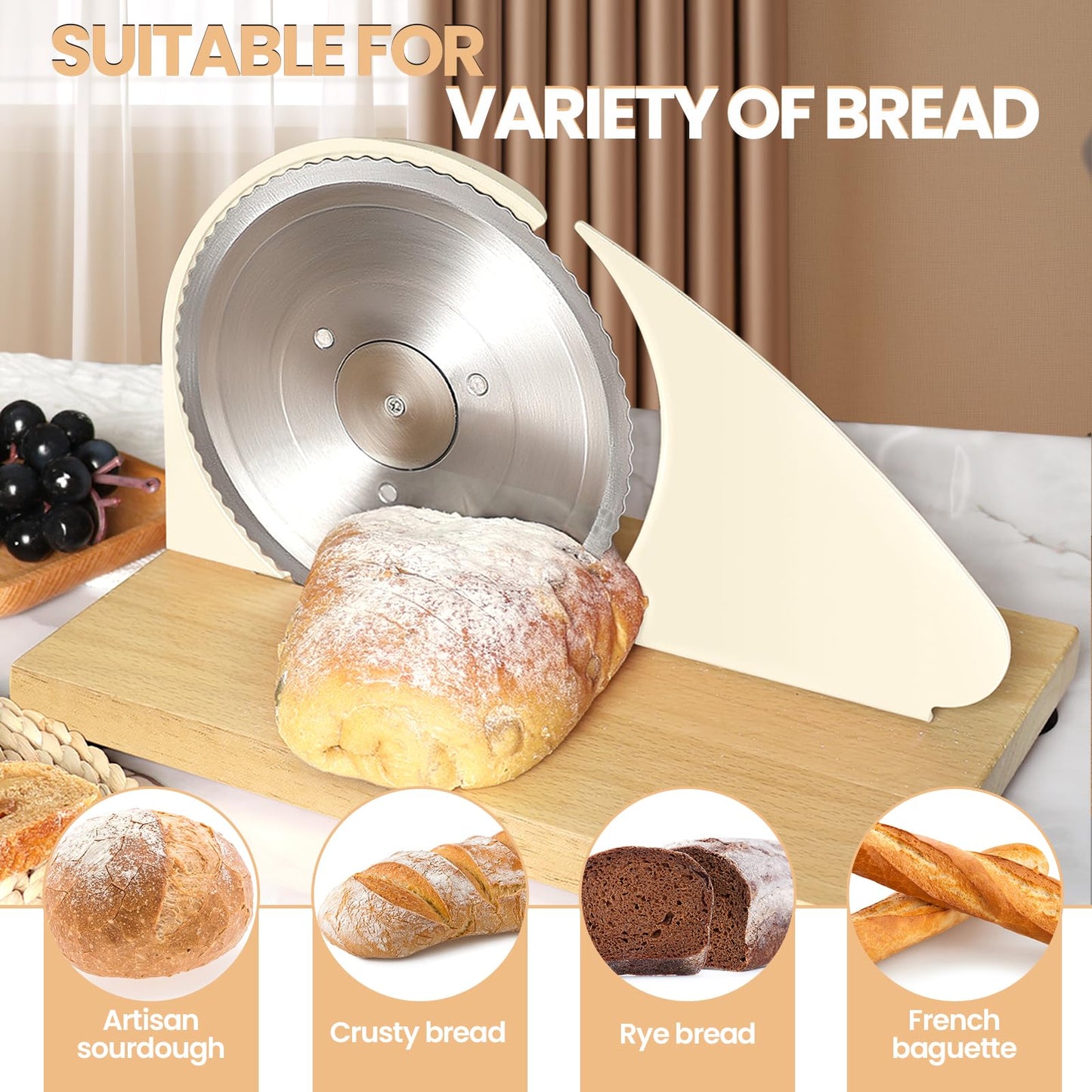 Manual Bread Slicer for Homemade Sourdough Bread, Adjustable Thickness&Evenly Slicing, Hand Crank Bread Slicer with Scale Line and Suction Cup, Serrated Blade Design, Patent:USD105861