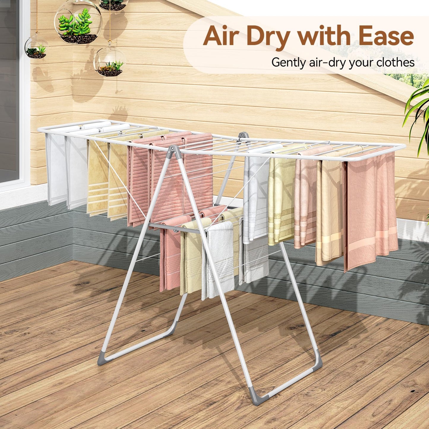 APEXCHASER Clothes Drying Rack, Foldable Drying Rack Clothing, Sturdy Metal Laundry Drying Rack, Height-Adjustable Gullwing, Easy to Fold, Space-Saving, for Indoor Outdoor, White