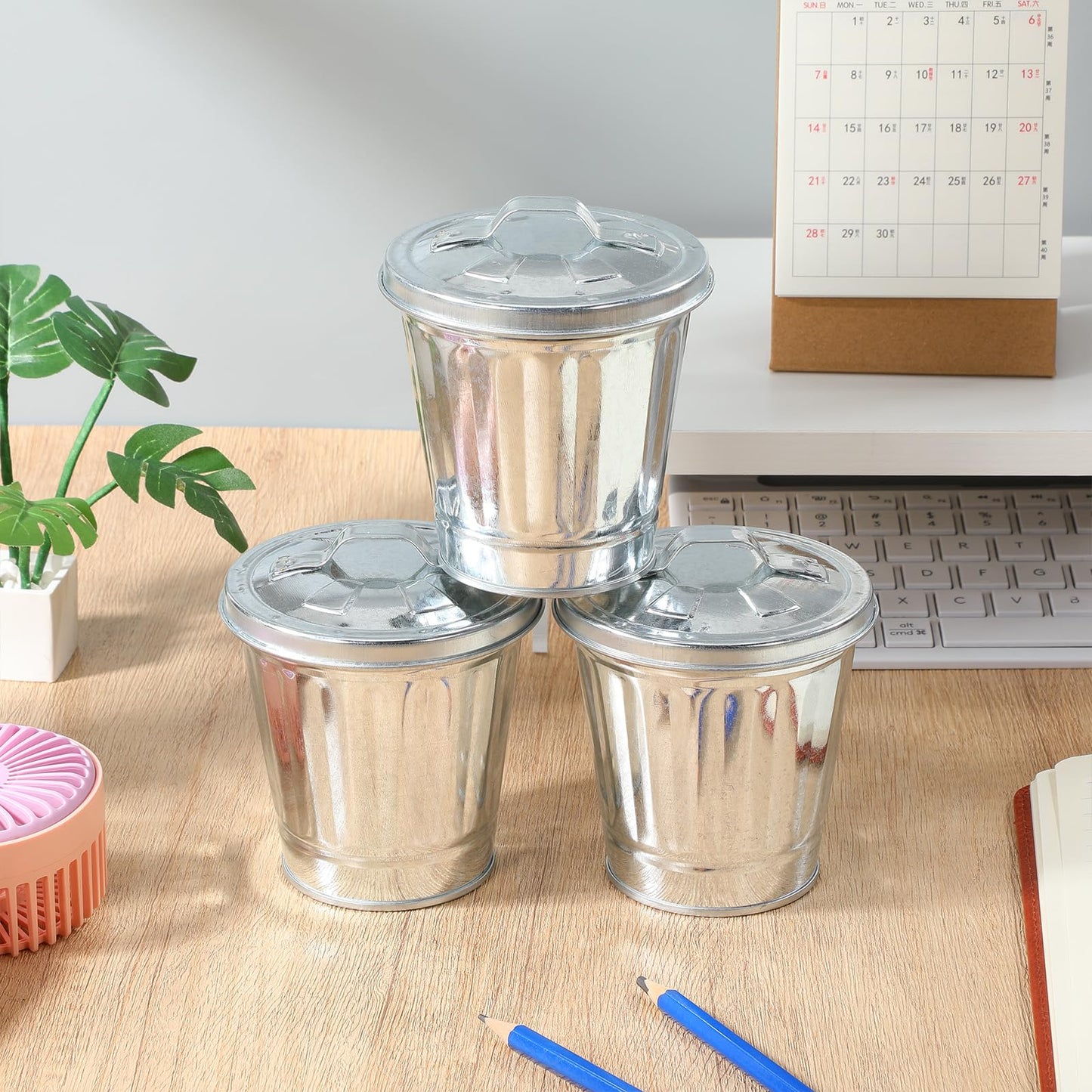 jojofuny 12 Pack Mini Trash Cans with Lids, 3.7 Inch Silver Metal Garbage Can Favor Buckets, Small Desktop Bins for Trash Truck Birthday Party, Office Desk, Craft Storage, Pen Holder, Mini Planter