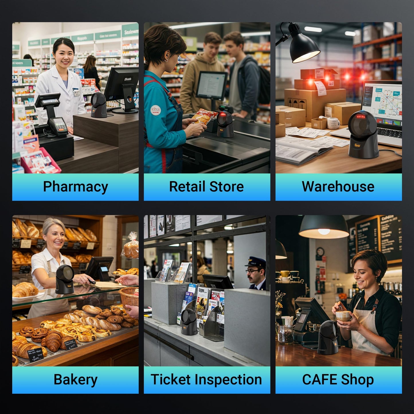 Tera Barcode Scanner Handsfree Omnidirectional: Desktop 1D 2D QR USB Wired Adjustable Angle Plug and Play Bar Code Reader for POS Supermarket Retail Store Mobile Payment Model 9700