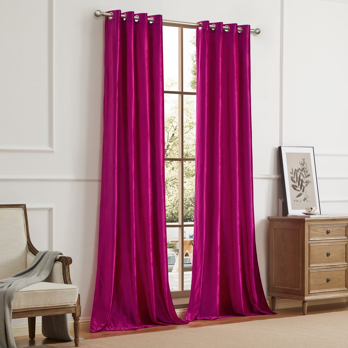 BULBUL Living Room Polyester Velvet Window Curtains 84 inch Length- 2 Panels Hot Pink Blackout Window Drapes Curtain Thermal Insulated Room Darkening Decor Grommet Curtains for Bedroom