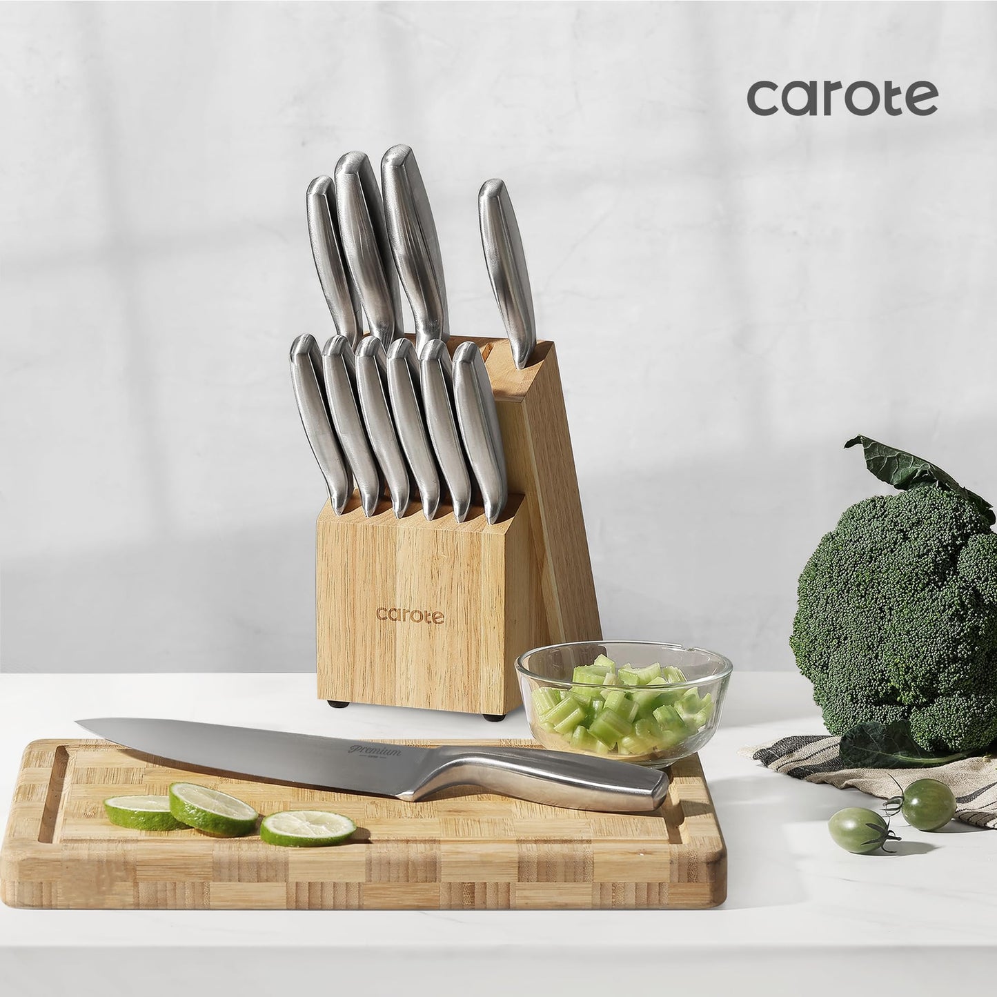 CAROTE 12-Piece Knife Set, All-Stainless Steel Knife Block Set, Kitchen Knives with Wooden Block, Razor-Sharp and Ergonomic, Easy Cleaning