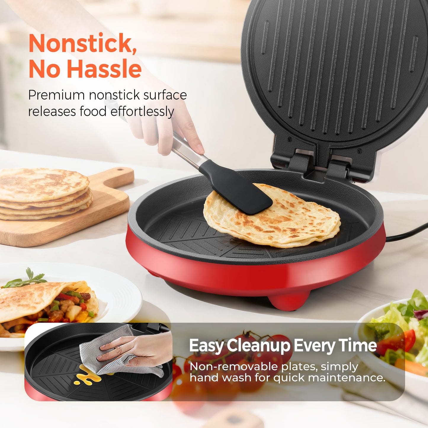 3-in-1 Electric Griddle & Sandwich Maker - CACHOO 8" Nonstick Round Griddle and Panini Press with On/Off Switch, 180° Open Design, Perfect for Pancakes, Omelettes, Quesadillas, Veggies (Red/Beige)