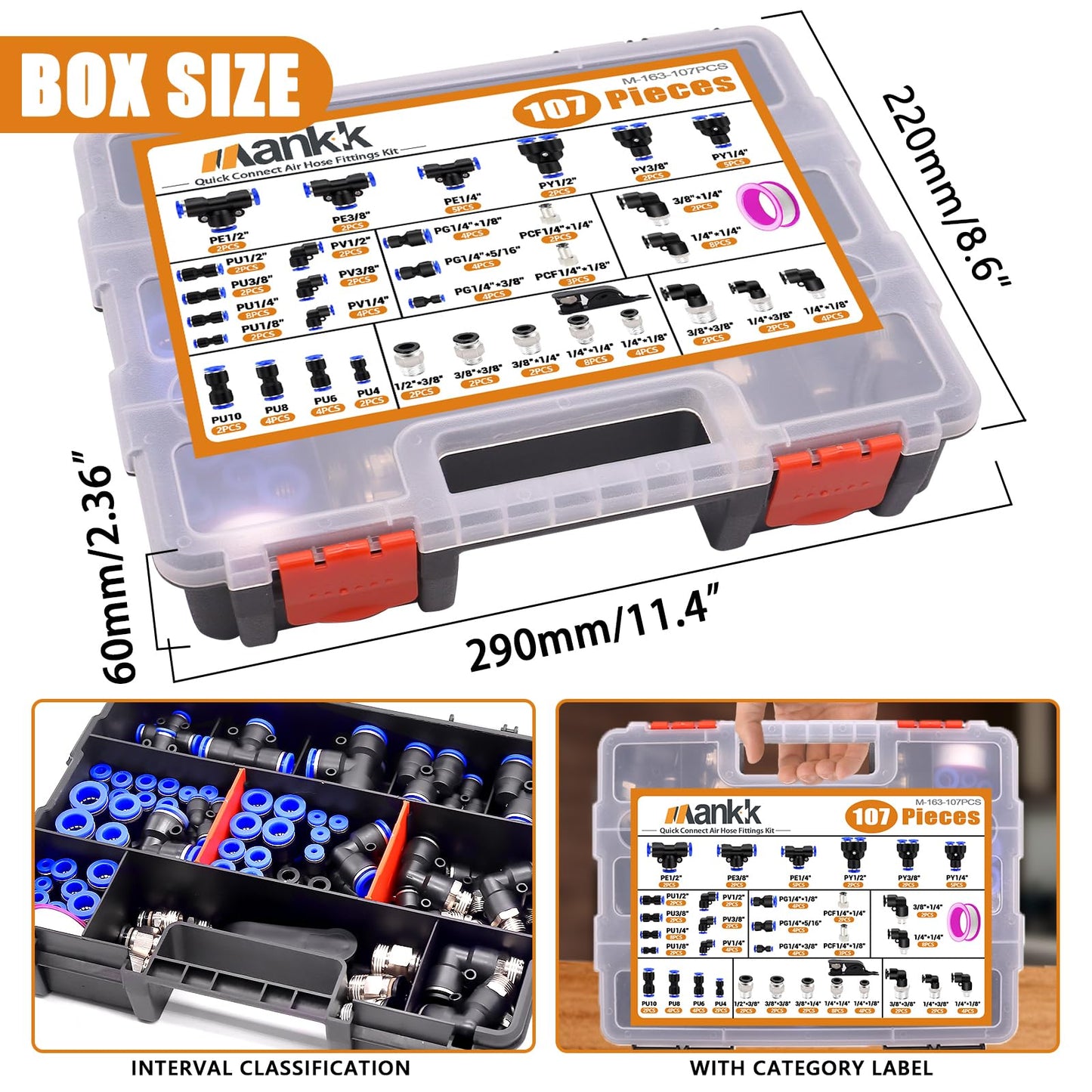 mankk 107PCS Quick Connect Air Hose Fittings Kit 32 Sizes 1/8" 1/4" 5/16” 3/8" 1/2",4/6/8/10mm Push to Connect Fittings Air Line Fittings Quick Release Pneumatic Kit