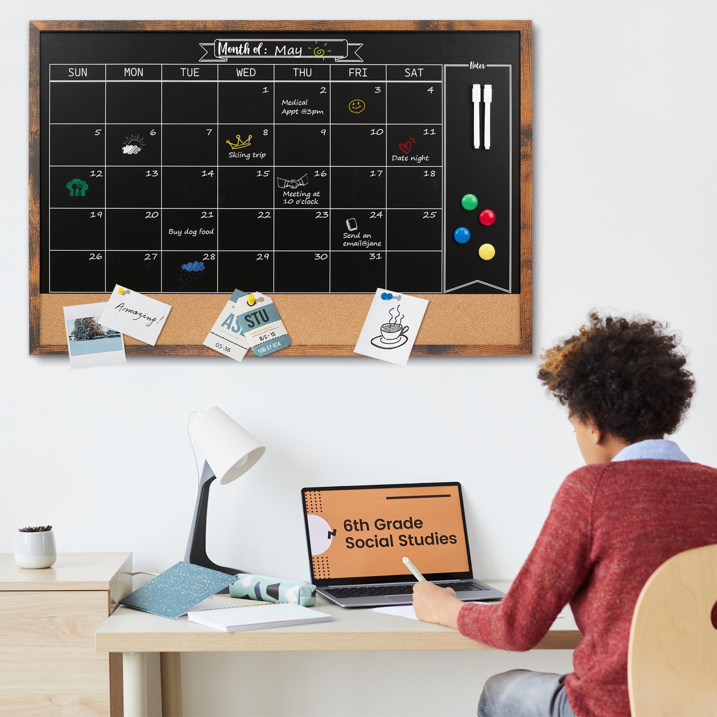 Board2by Monthly Chalkboard Calendar & Cork Board Combo, 24" x 36", Magnetic, Wall Mounted, Blackboard for Office, Kitchen, School, Home