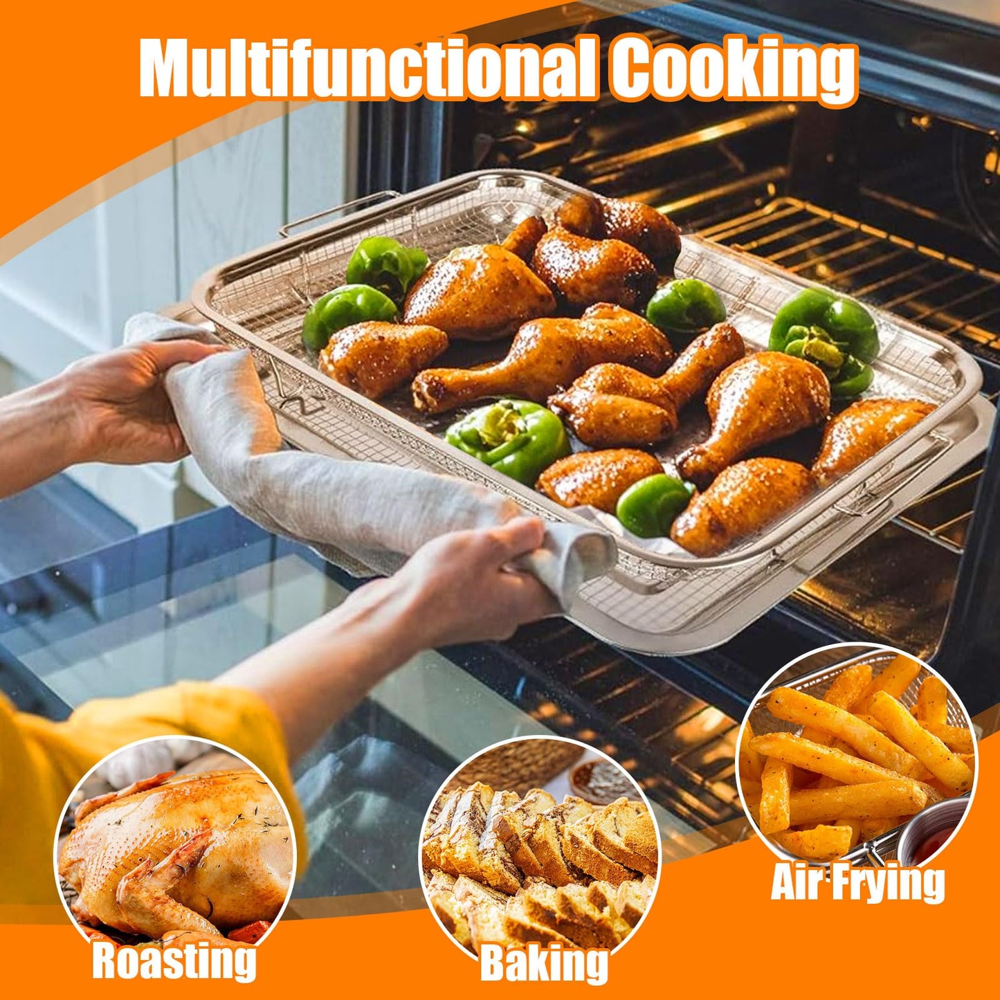 Foedo 18.7" X 12.8" Oven Air Fryer Basket and Tray, Extra Large Stainless Steel Air Fryer Basket with 100 PCS Parchment Papers, Dishwasher Safe & Rustproof