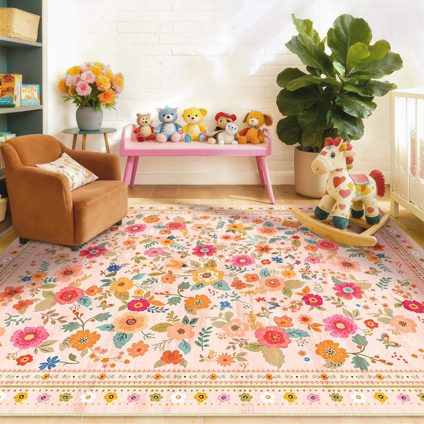 meejou 5x7 Area Rugs for Living Room Vacuum-Friendly Machine Washable Area Rug Flower Floral Printed Pattern Low Pile Non-Slip Carpet for Bedroom Hallway Entryway, Pink Beige