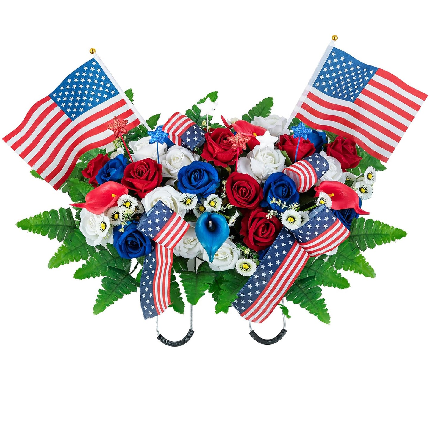 Memobloom Memorial Day Decorations for Cemetery: Patriotic Red White Blue Headstone Flower Saddle - Outdoor Artificial Velet Roses Cemetery Flowers for Grave with Flags for 250th Birthday of America
