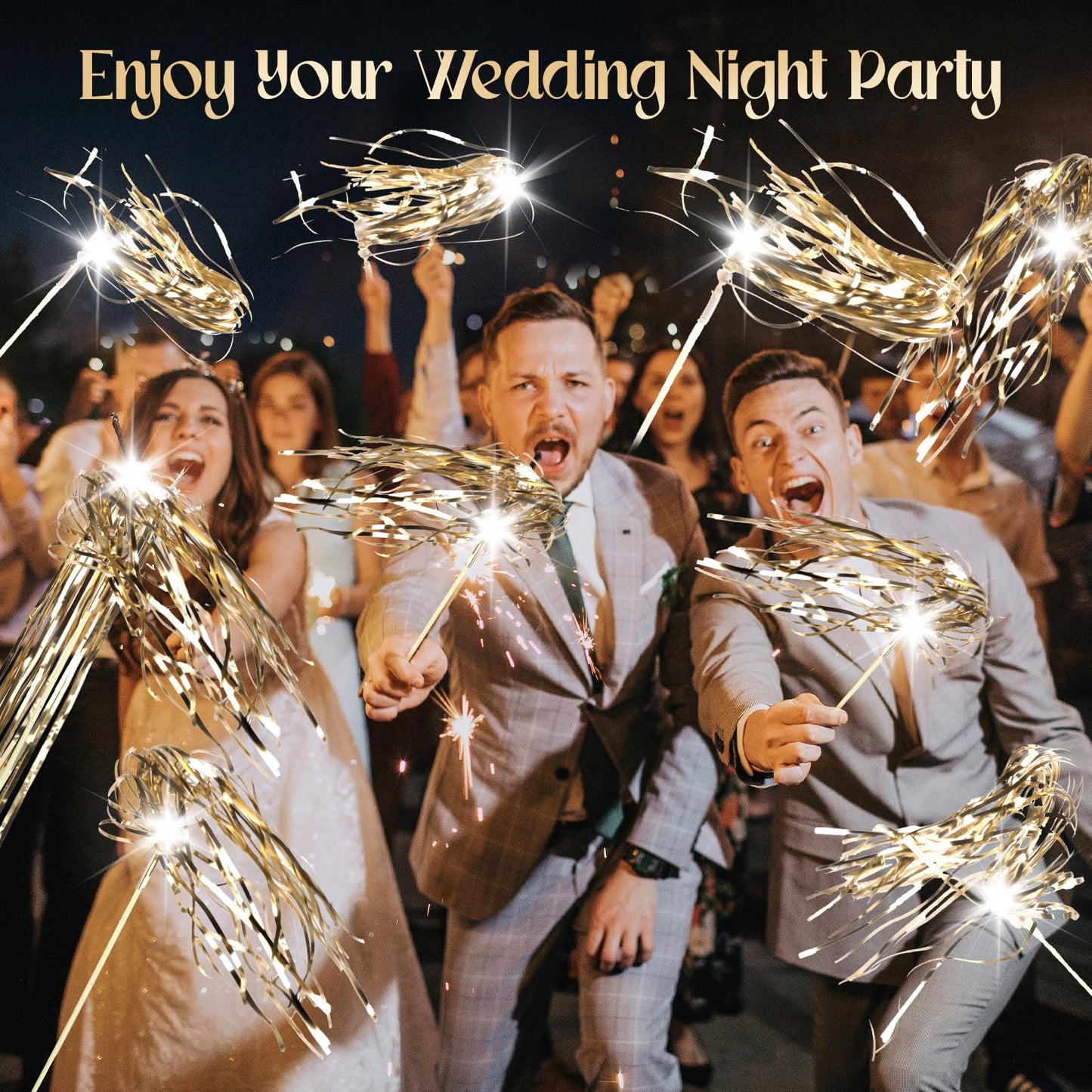 TBOLLY 100 pcs Wedding Wands Light up with LED Tinsel Wedding Streamers for Wedding Send off and Greeting Ideal Props for Weddings, Birthday Parties, Christmas Cheerleading Games (Champagne)