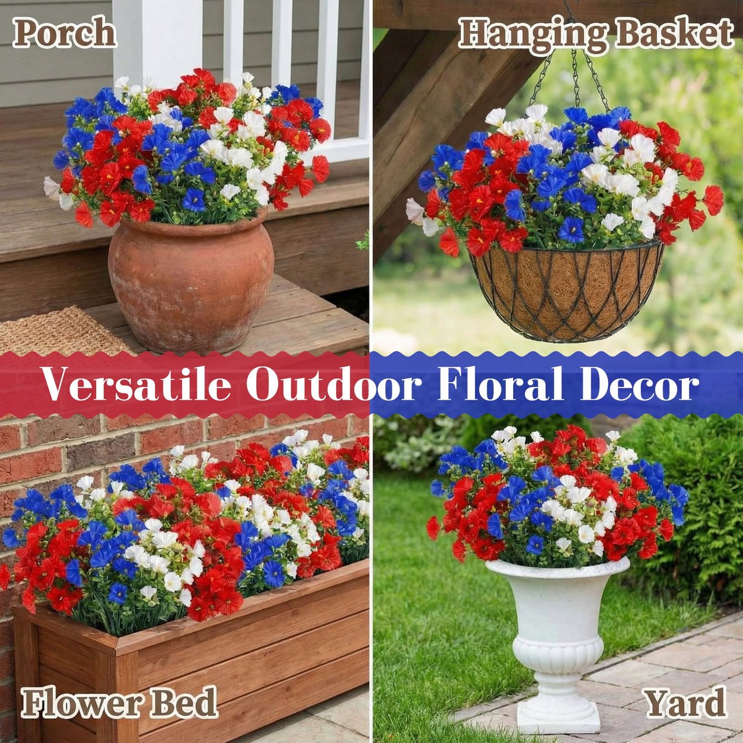 12 Pcs Red White Blue Artificial Flower Outdoor UV Resistant Petunias Patriotic Silk Flower 4th of July Decor USA Independence Short Stem Faux Cemetery Flowers Pot Window Garden 250 Anniversary Decor