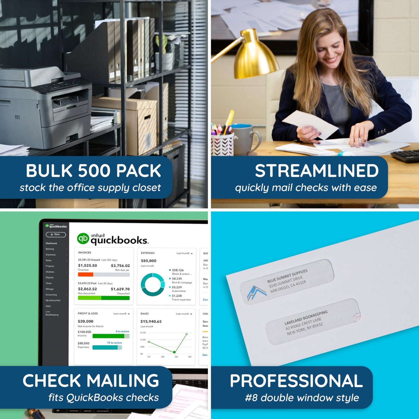 500#8 Self Seal Double Window Security Envelopes Designed for QuickBooks Checks - Computer Printed Checks - 3 5/8 X 8 11/16 (Not for Invoices)