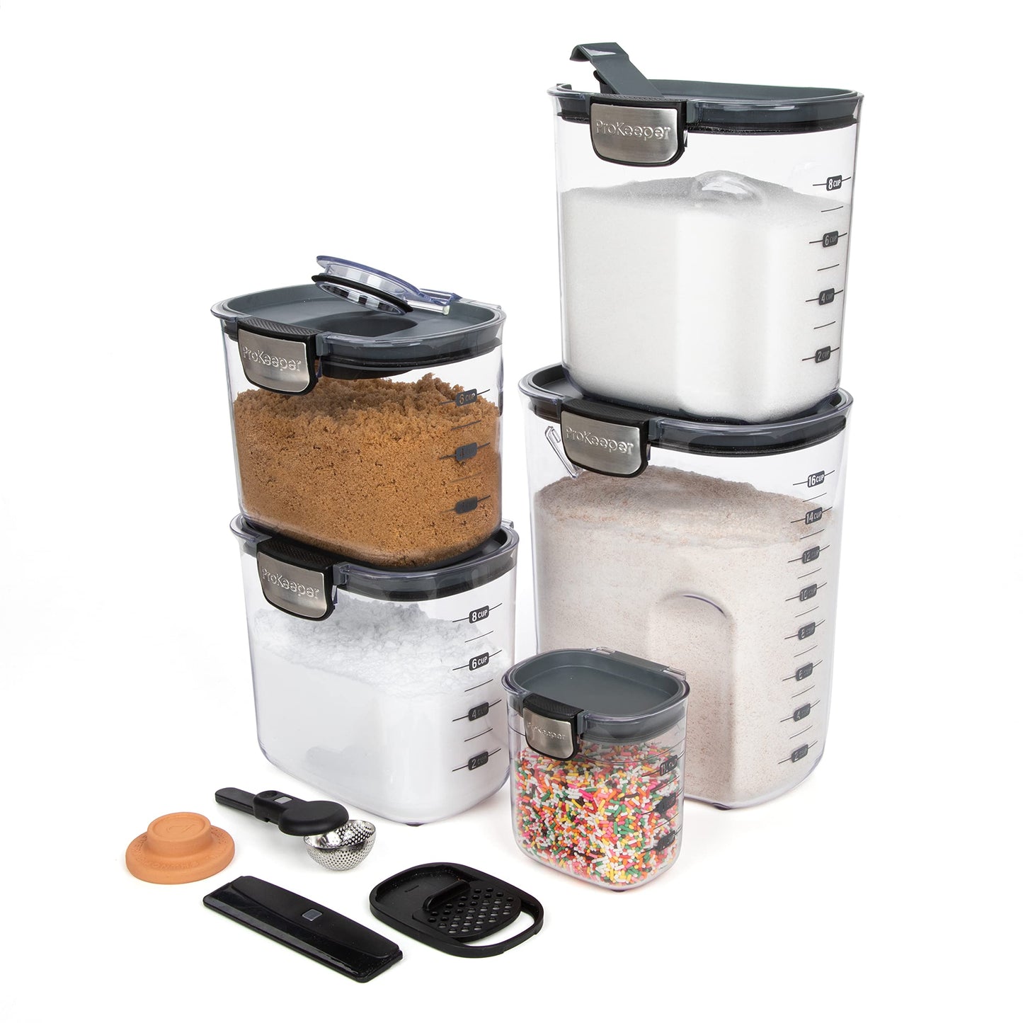 ProKeeper+ Airtight Food Storage Container Set – Clear Plastic Flour and Sugar Canister Set with Magnetic Accessories for Kitchen Organization (Grey, 9-Piece)