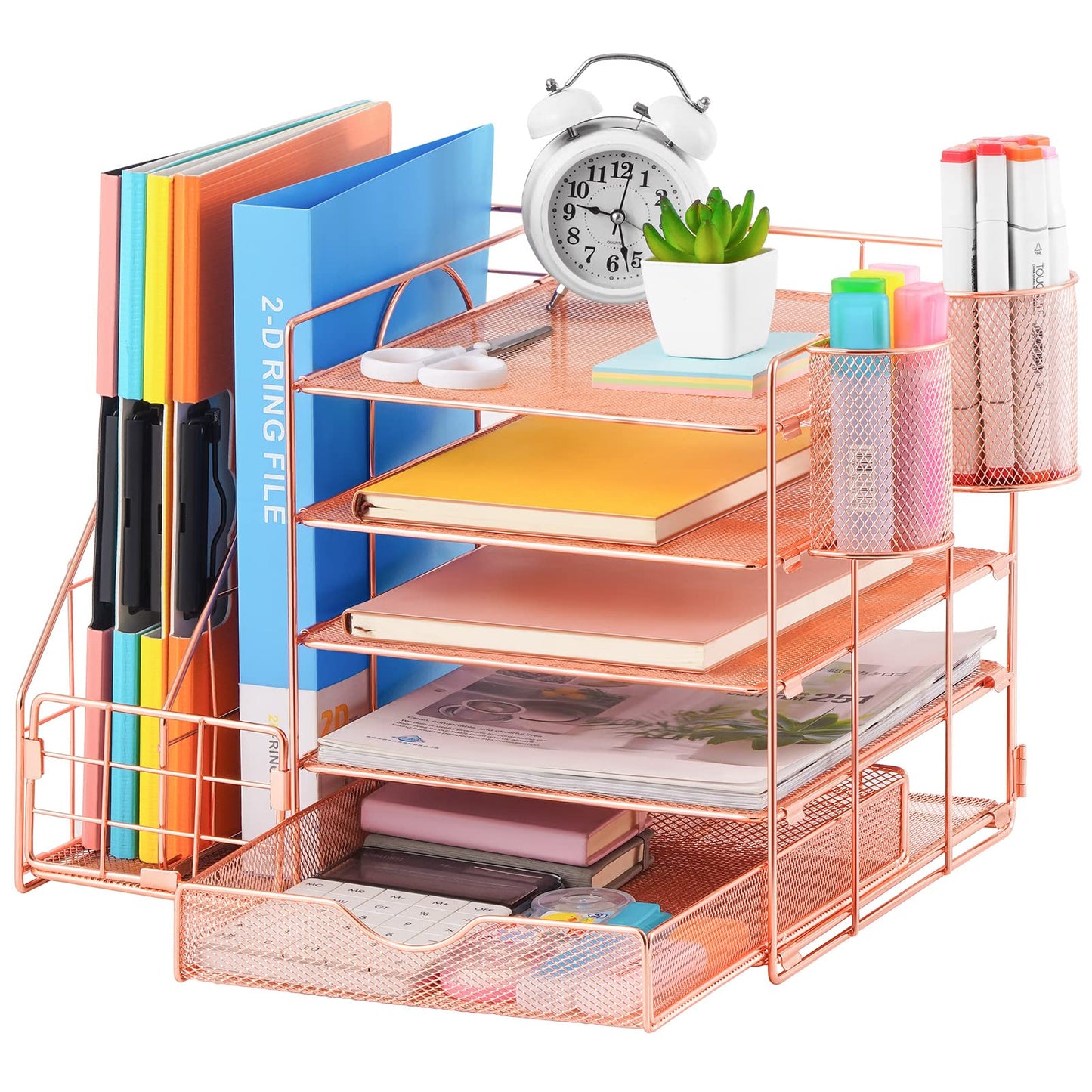 Marbrasse Rose Gold Desk Organizer with File Holder, 5-Tier Paper Letter Tray Organizer and Drawer, Mesh Desktop Storage with Magazine Holder for Office Supplies