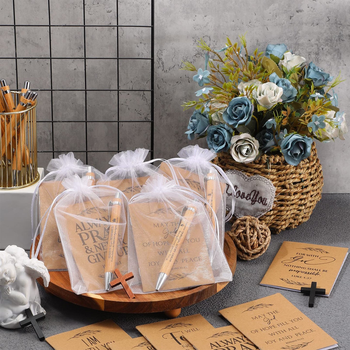Jutom 60 Set Fathers Day Christian Gift Retractable Bamboo Pens and Kraft Bible Verse Notebooks Religious Inspirational Notebooks with White Organza Gift Bag for Church Pastor Mom Dad Grandparents