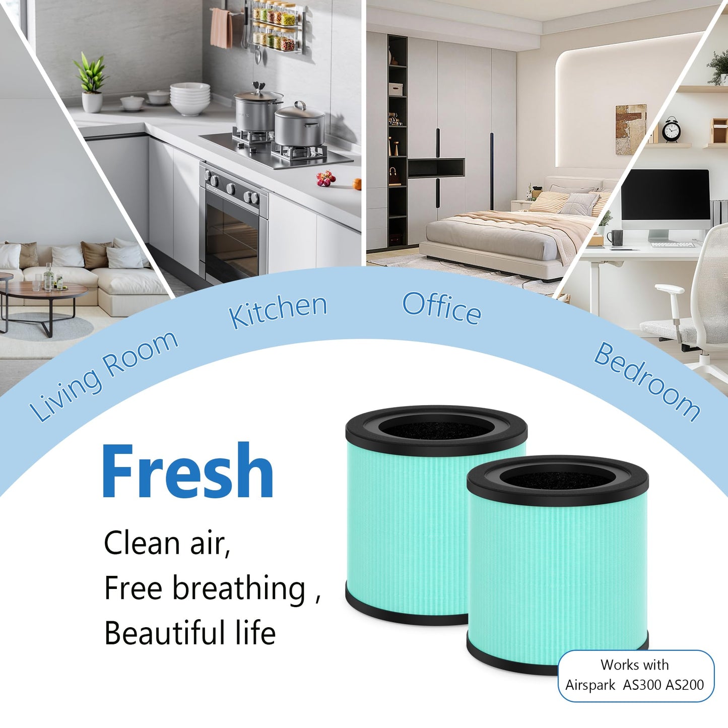 AS200 H13 True HEPA Replacement Filter Compatible with Airspark AS200 AS300 Purifier, 4-in-1 True HEPA Filter High-Efficiency Carbon Filter Filtration,2 packs Green