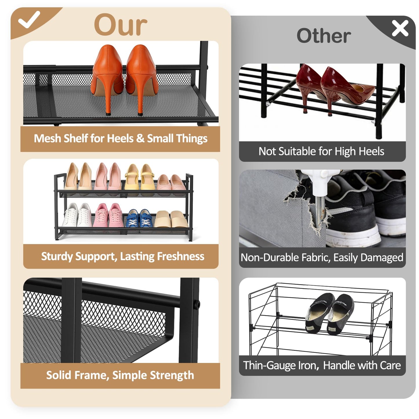 Expandable Shoe Rack, 2 Tier Adjustable Shoe Organizer with Flat & Slant Dual Use Design, Space Saving Shoes Stand for Closet & Entryway, Sturdy Dense Metal Grid Shoe Holder for High Heels, Sneakers