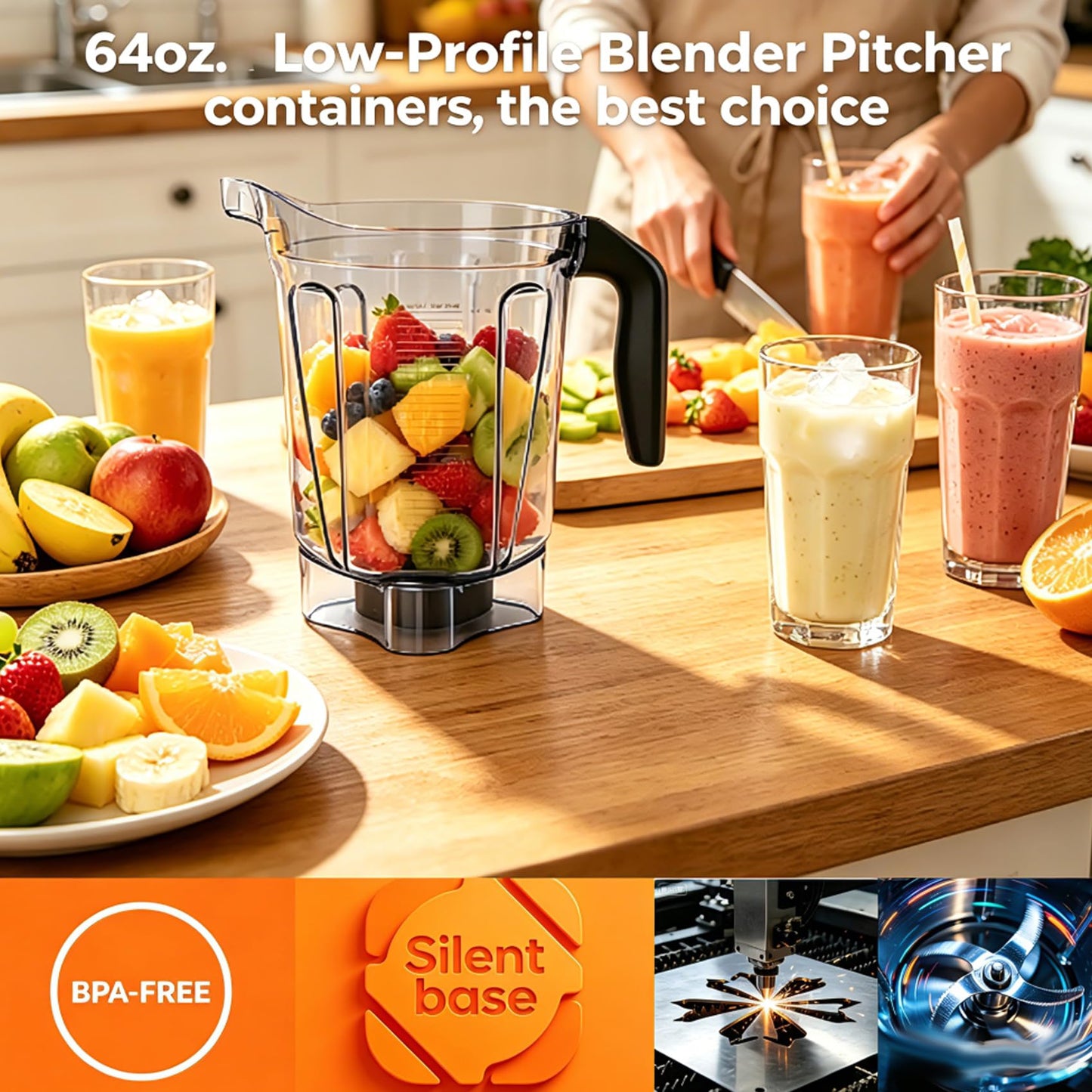 64oz Low-Profile Blender Pitcher, Blender Container Jar Cup,Compatible with Vit 780 75-0 75-00 5000 5200 Vm0102 Vm0103 Vm0197 E310 Pro/Commercial/Classic Series Blender, 10 Years warranty