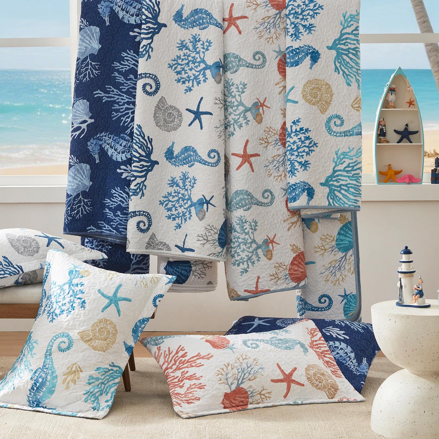 LEAONME Coastal Quilt Set Full/Queen Size - Lightweight Microfiber Reversible Bedspread, 90''x98'', Coral, Includes 2 Shams