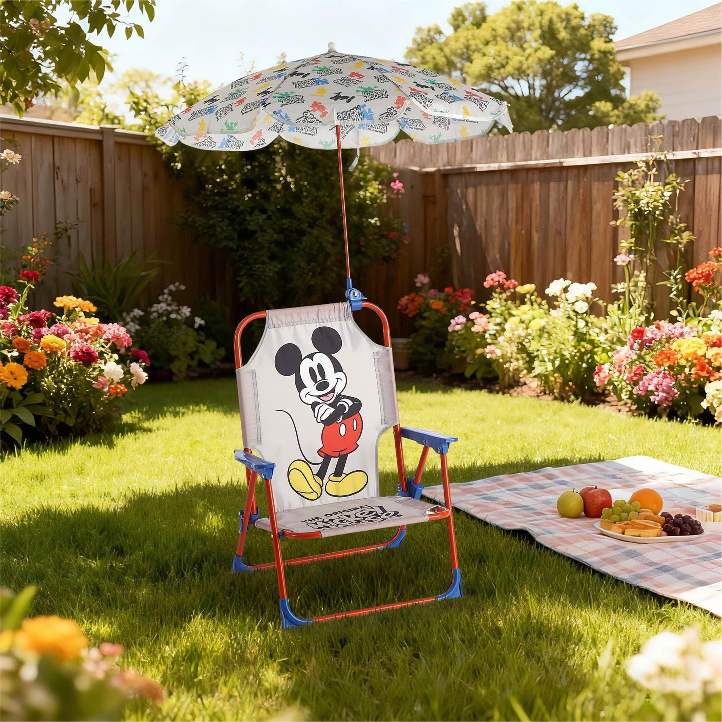 Disney Mickey Mouse Kids Beach Chair with Umbrella,Foldable Portable Toddler Chair with Armrests, Locking Mechanism & Sun Shade