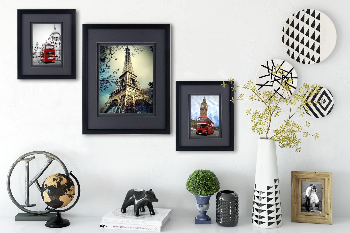 Yaetm 11x14 Double Floating Mat Picture Frame Set of 4, Display Picture 8x10 with Black Double Mat, Polished High Definition Tempered Glass, Wall Mounting Photo Frames, Black/Black