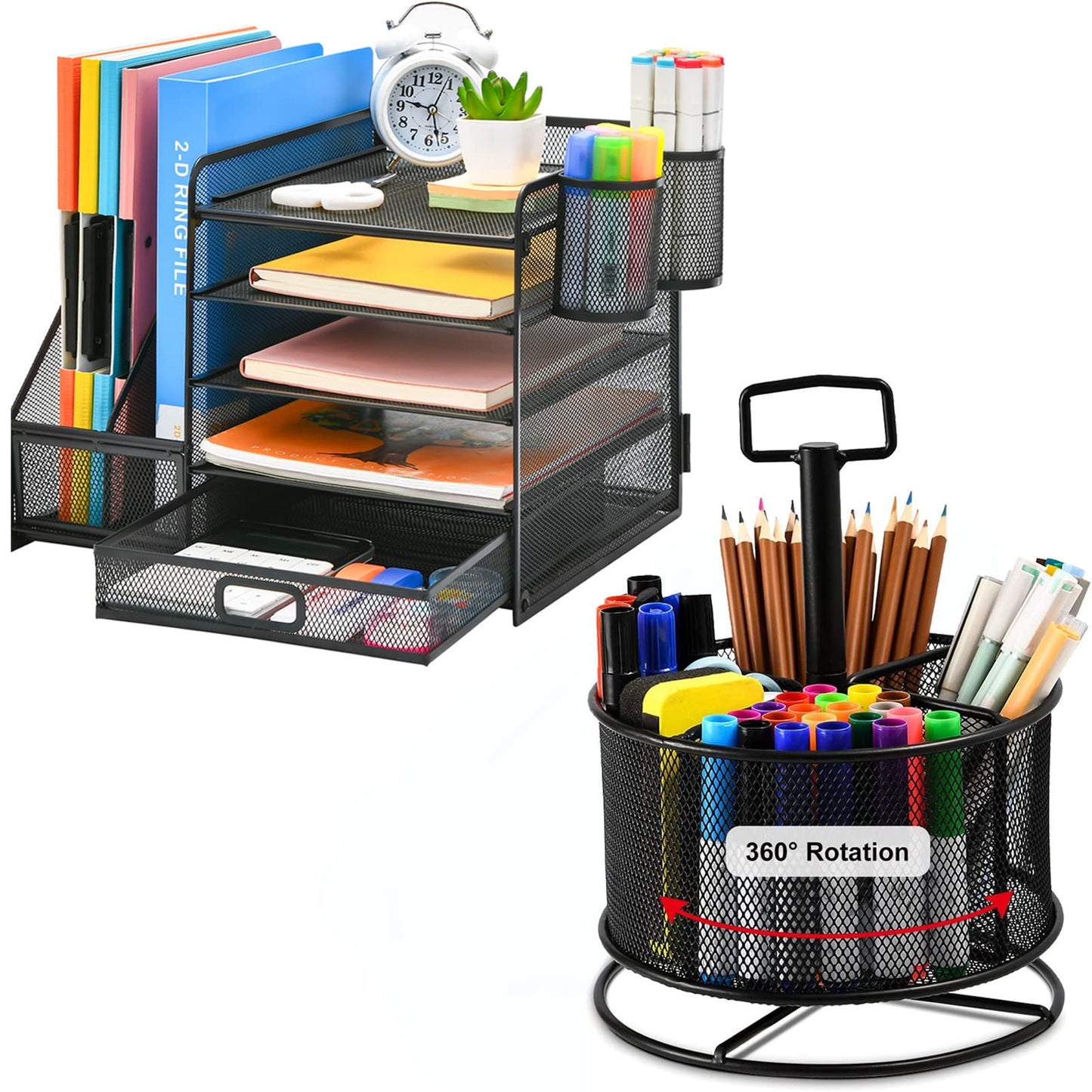 Marbrasse 5-Tier Paper Letter Tray Organizer + 360-Degree Rotating Multi-Functional Pen Holder
