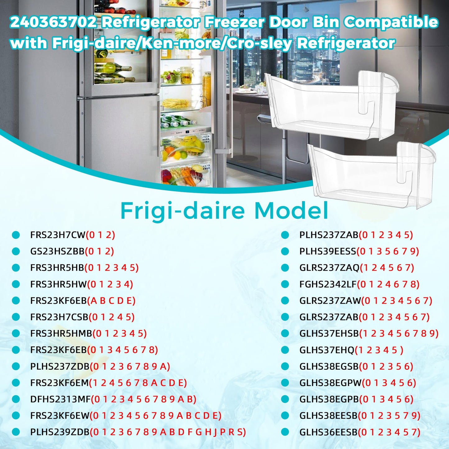 240363702 Refrigerator Door Bin Shelf Replacement for Frigi-daire Ken-more, 14.3in(L)×4.2in(W)×5.5in(H) Refrigerator Bottom Side Door Bin Replace 240363704 240363705 240363708 by Fetechmate, 2 pack