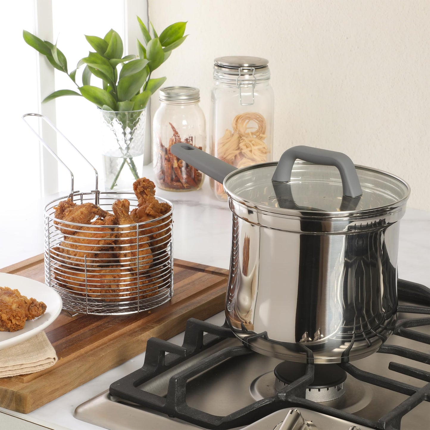 Oster Beauford 3.65-Quart Stainless Steel Deep Fryer Pot with Basket & Glass Lid – Induction, Oven & Dishwasher Safe, 5-Ply Encapsulated Base, Soft-Touch Handle