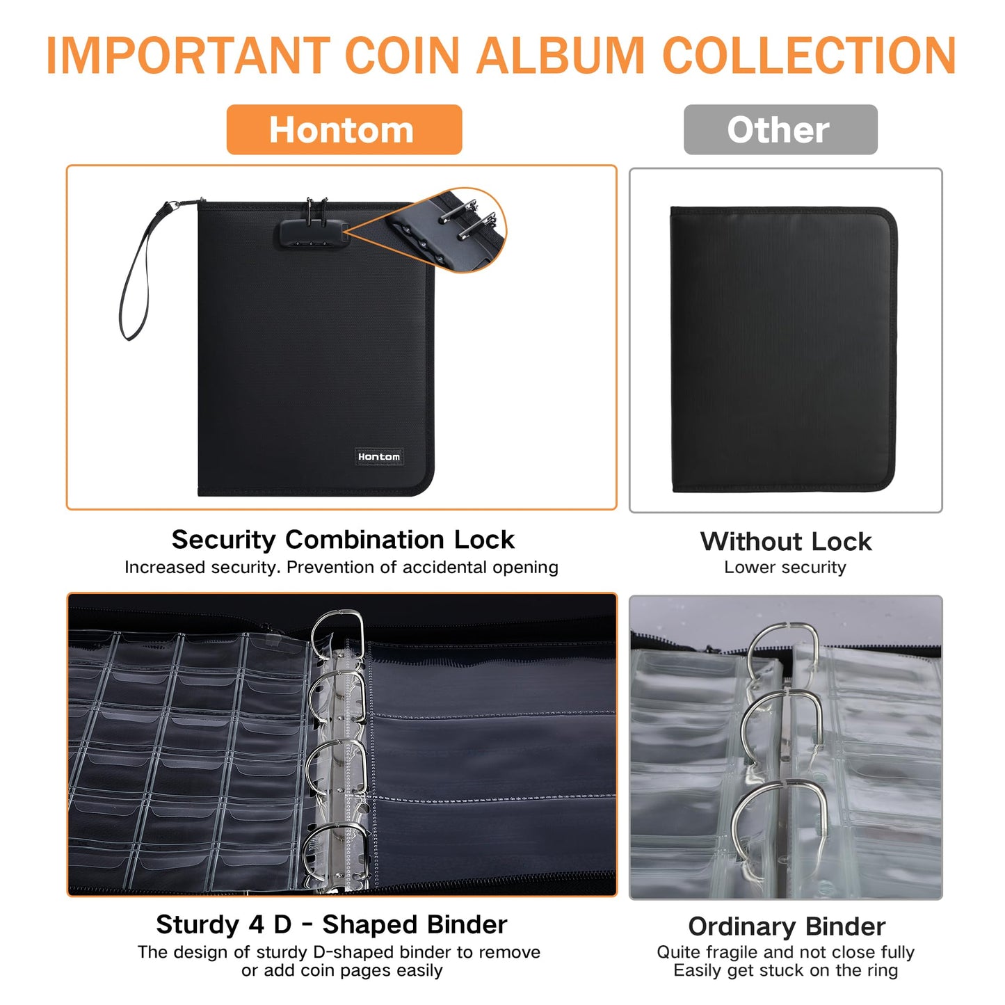 5200℉ Coin Collection Album with Lock, 400 Pockets Fireproof Coin Book & 36 Paper Currency Binder Sleeves, Coin Holder with Aluminum Foil Lining, Collecting Organizer for Pennies,Bill,Stamps,Badges