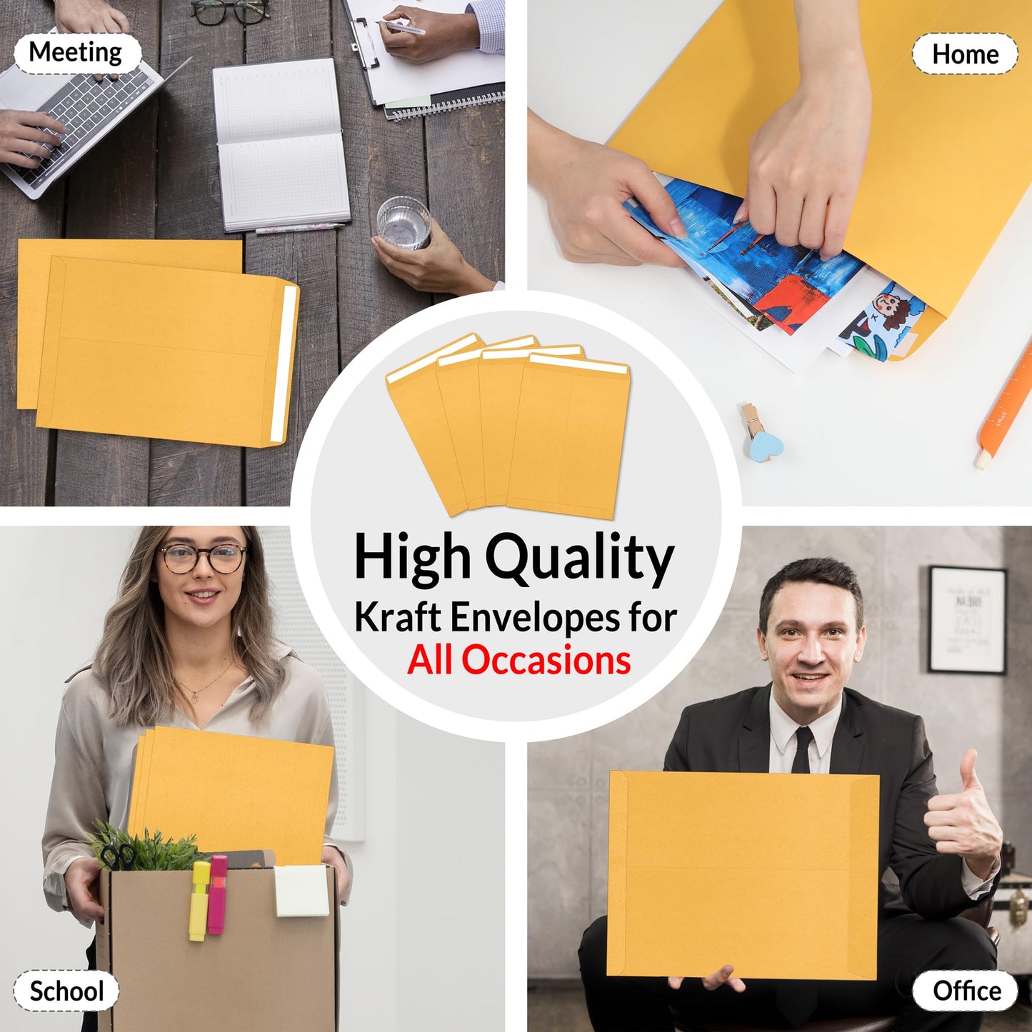 SUNEE 9 x12 Manilla Envelopes, 28lb Brown Kraft, Ultra Strong Quick-Seal Security Catalog Mailing Envelopes for Flat Letter Size Documents or Photos, 250 Count