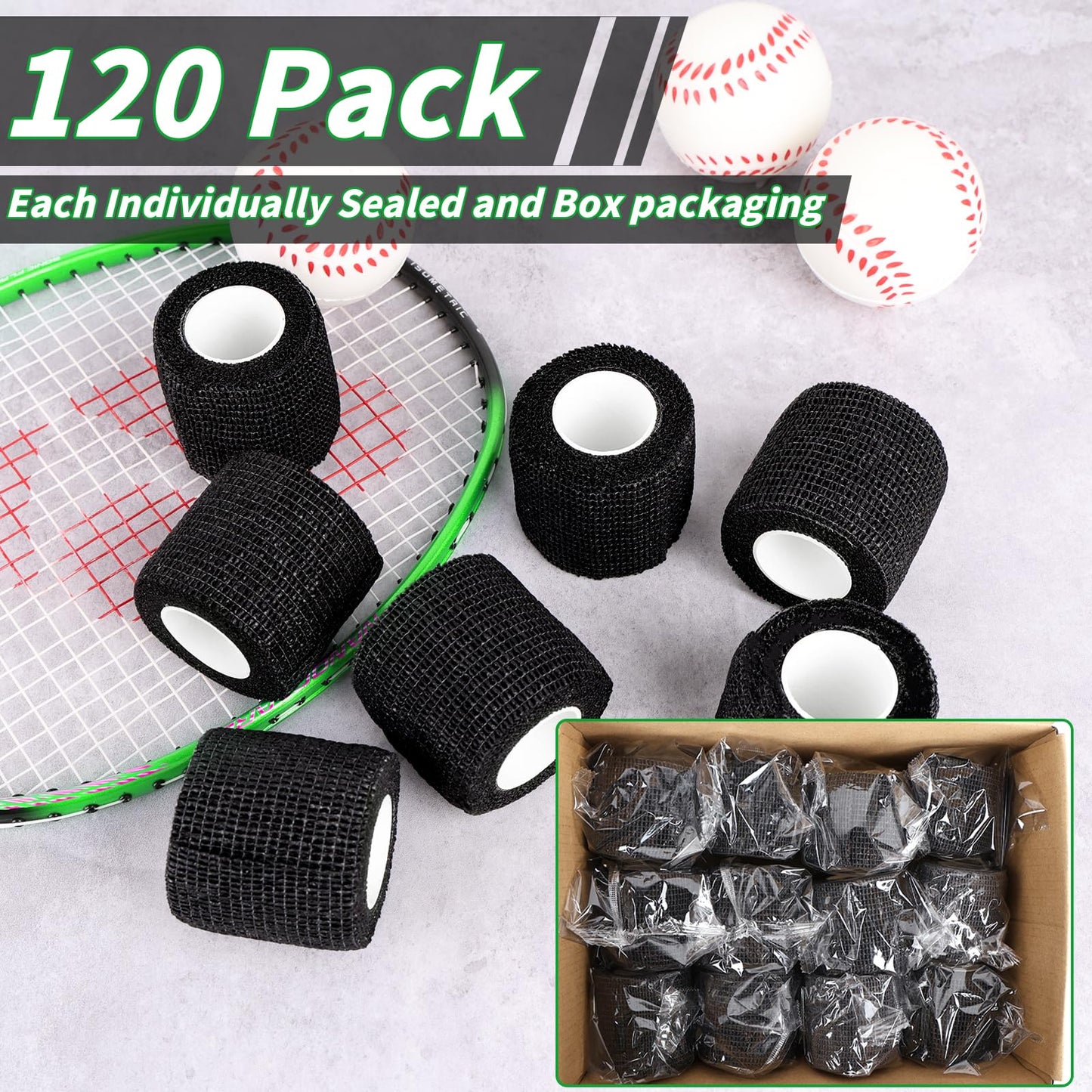 120 Pack Black Self Adhesive Bandage Wrap Bulk 2 Inch x 5 Yards Cohesive Bandage,Vet Wrap Breathable Elastic Self-Adherent Tape for Stretch Athletic Sports Wrist Ankle Dogs Pet Vet Wrap