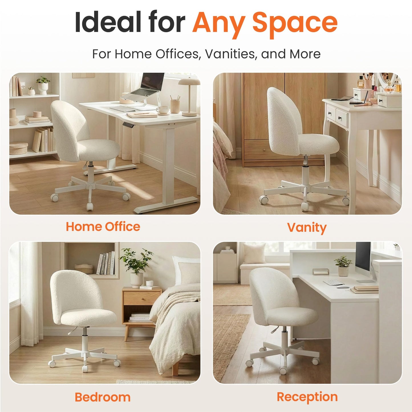 NEO CHAIR Office Vanity Chair with Wheels Comfy Desk Chair for Girls Cute Computer Small Armless Adjustable Height Swivel for Home Bedroom Task (White)