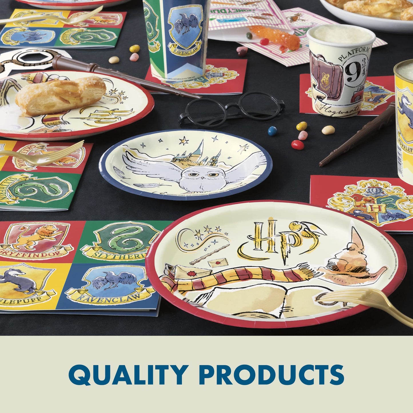 Harry Potter Birthday Decorations | Harry Potter Party Decorations | Serves 16 Guests | Table Cover, Banner, Dinner and Cake Plates, Napkins, Cups, Candles, Button | Officially Licensed