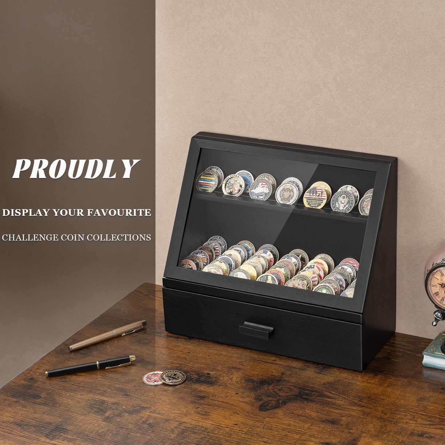 Yoimori Challenge Coin Display Case, 13 Rows Solid Wood Military Coin Holder Display Stand, Holds up to 100 Coins or Medals, Clear Acrylic Cover with Drawer for Collectors (Black)