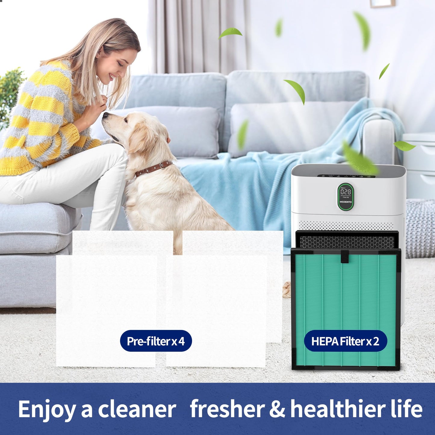 4 Pack HY4866 Filters Replacement Compatible with MORENTO WESTHEY HY4866, YIOU M1 Air Cleaner Purifier, H13 True HEPA Enhanced Pet Care Version Air Replacement Filter + 4 Pack Extra Pre-filter