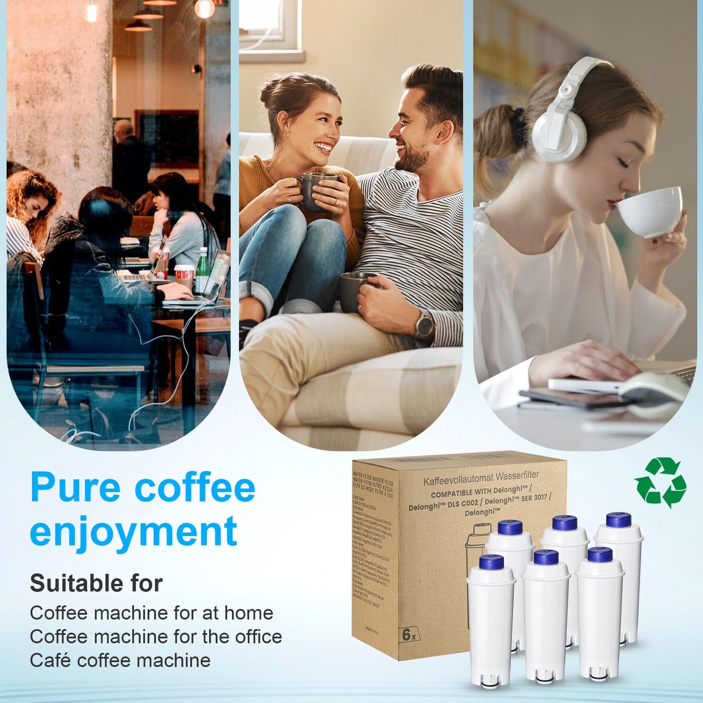 Mutital Coffee Machine Filter, Delonghi Filter Replacement for DLSC002, Delonghi Magnifica Evo, Dinamica Plus, ESAM, ETAM, BCO, EC. Activated Carbon Water Filter Cartridges Softener (6 Pcs)