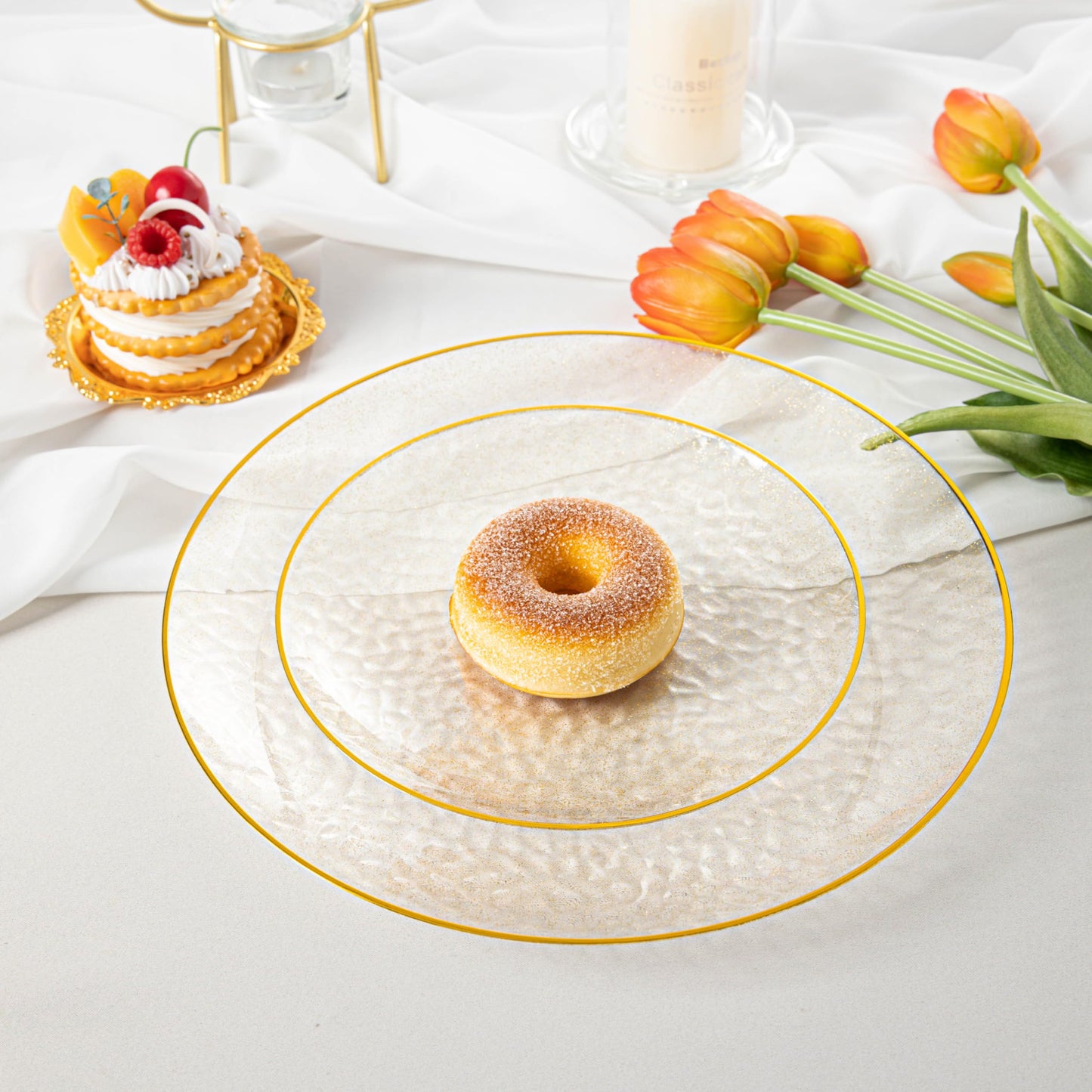 Lullaby 100PCS Clear Plastic Plates with Gold Rim, Includes 50pcs Dinner Plate 10” and 50pcs Dessert Plate 7”, Disposable Heavyduty Plates for Birthdays, Parties and Wedding
