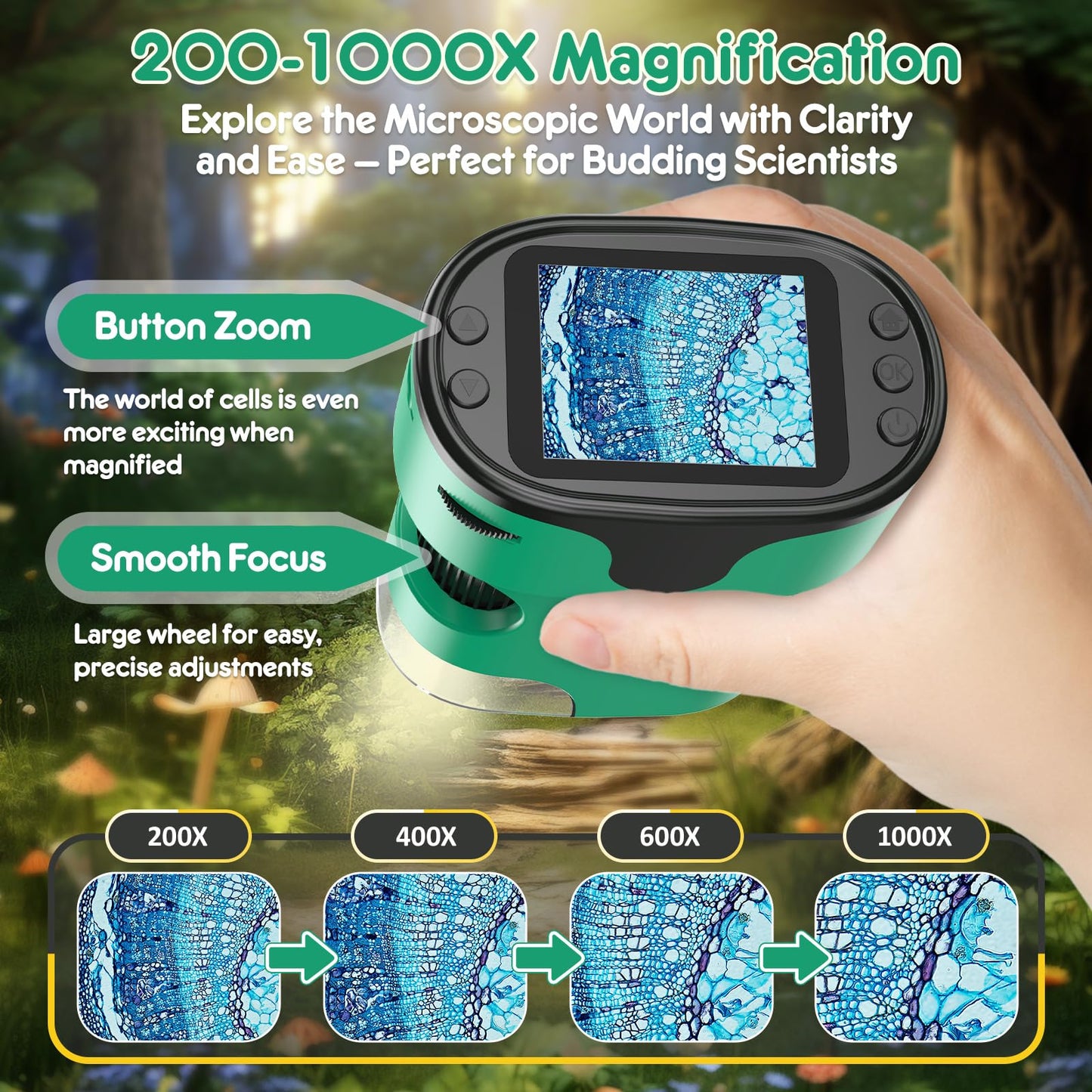 1000X Handheld Microscope for Kids 4K 2.0" Screen Rechargeable Mini Pocket Digital Microscopes w/Slides Kit Portable Edu Gift Age 4-6 8-12 Children Students (Green)