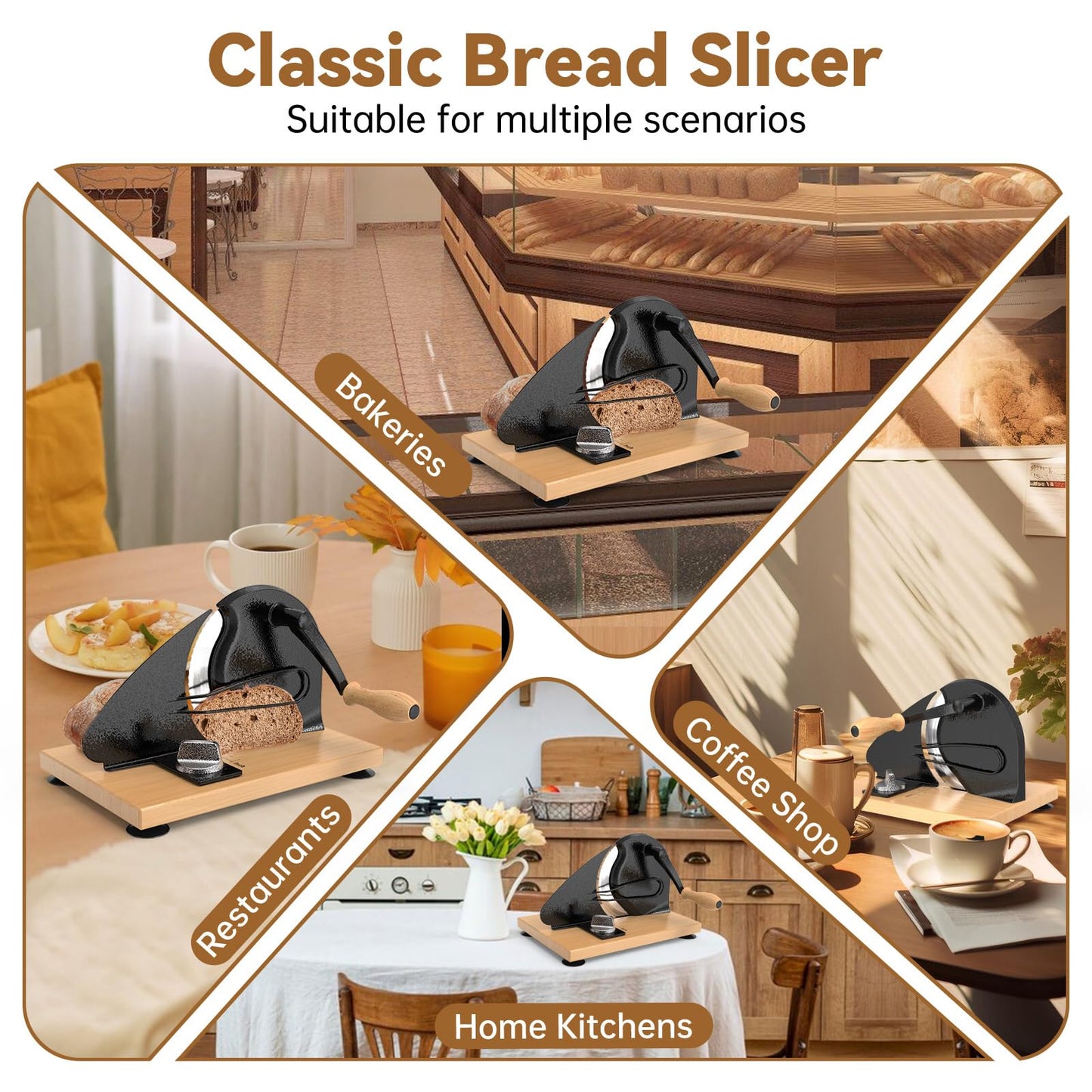 Upgrade Manual Bread Slicer for Homemade Sourdough Bread, Classic Hand Crank Home Bread Slicer With Scale Line and Steel Fence, Sharp Blade, Adjustable Width for Homemade & Commercial Use