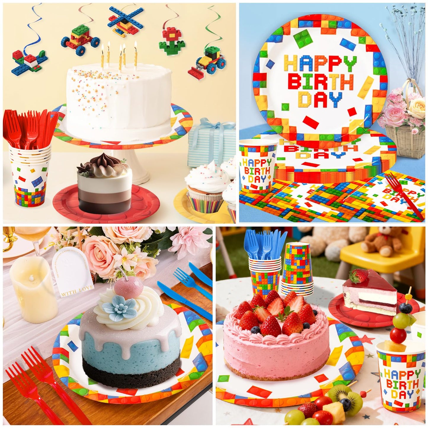 197 Pcs Building Blocks Birthday Paper Plates Tableware Set (Serves 24), Colorful Blocks Supplies Include Banner Pendant Plates Napkins Cups Forks Knives Tablecloth Topper Balloons For Kids Party