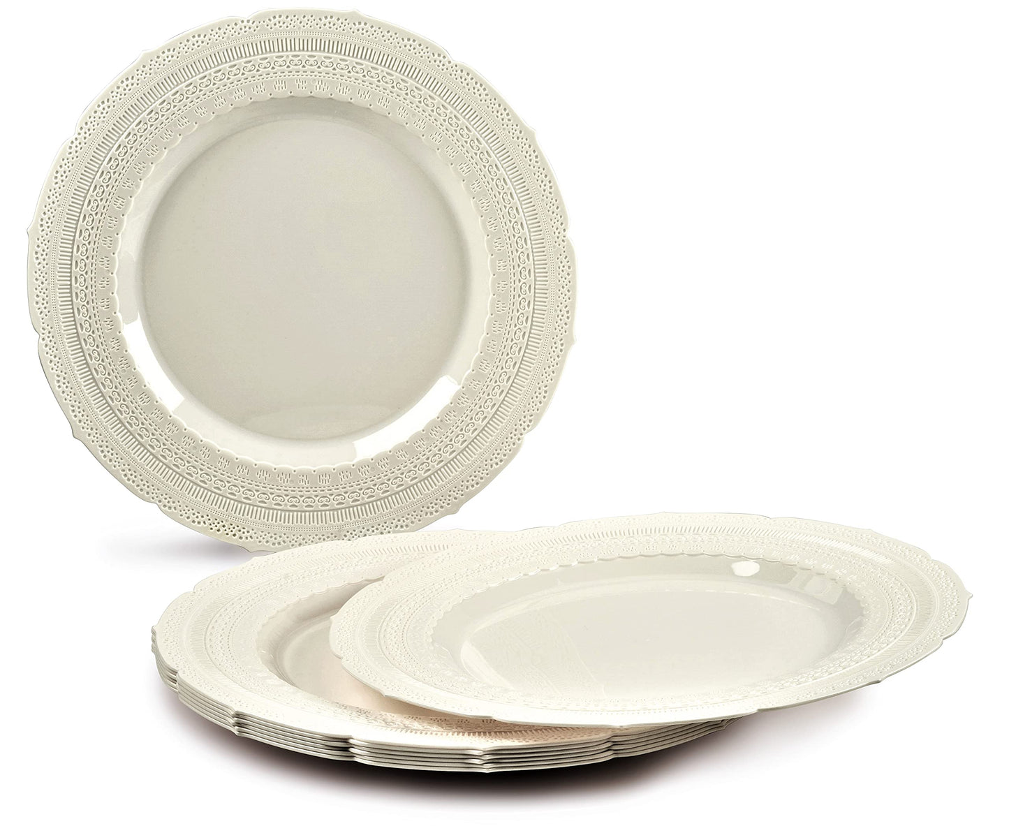 " OCCASIONS " 50 Plates Pack (25 Guests)-Extra Heavyweight Vintage Wedding Disposable/Reusable Plastic Plates -25 x 11'' Dinner + 25 x 8.25'' Salad/dessert (Chateau Collection Ivory)