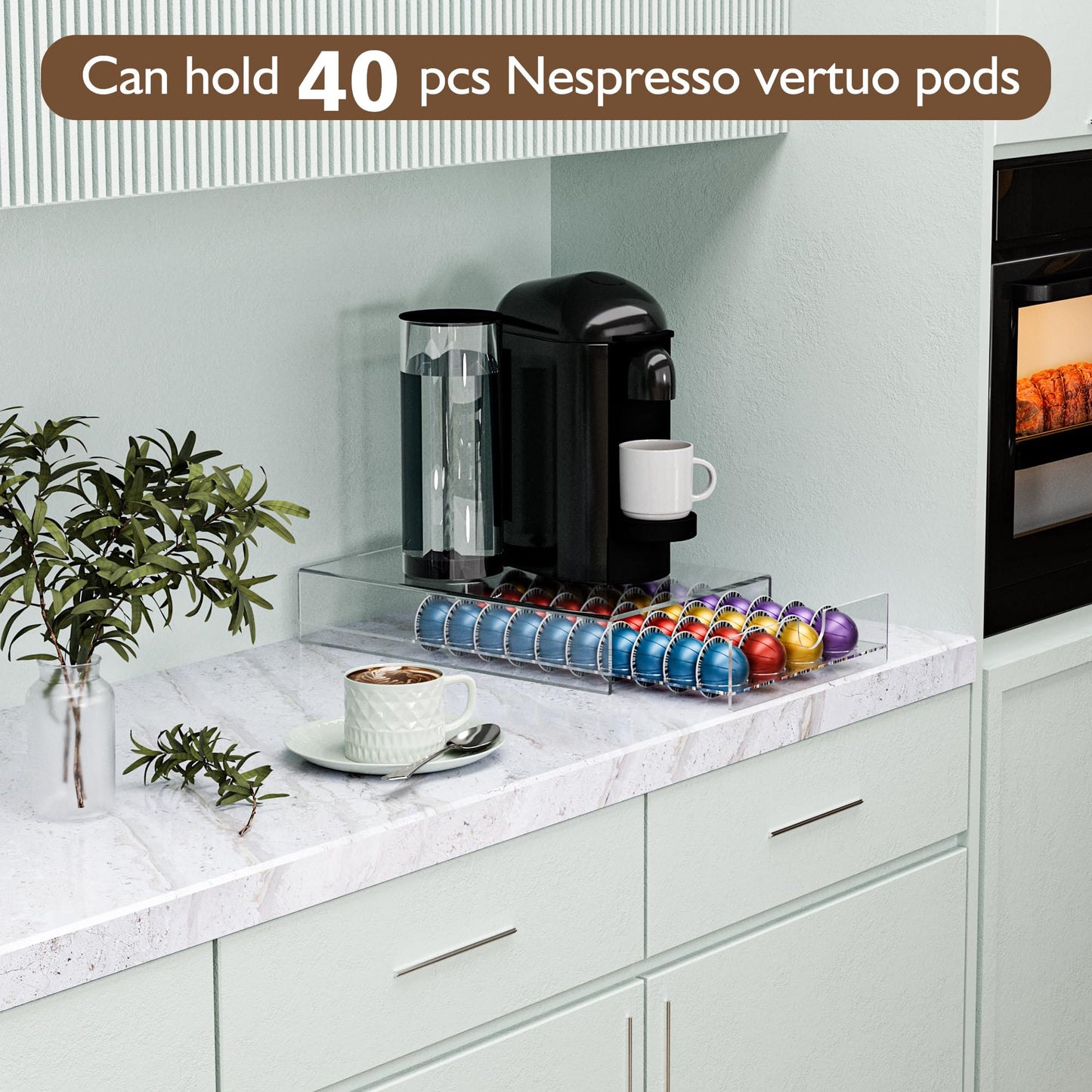 BXINREDA Acrylic Coffee Pod Organizer for Nespresso Vertuo Pod Holder 40 Pods Clear Vertuo Pod Storage Drawer (1 Tier) (Clear)