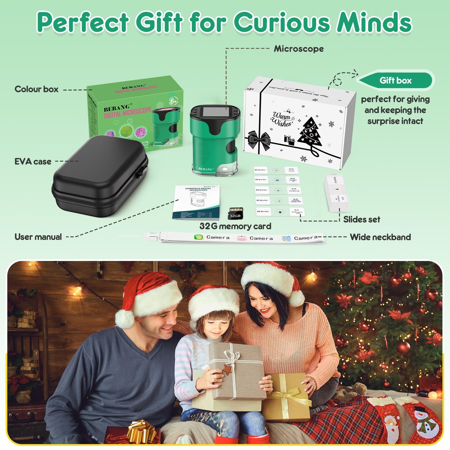 1000X Handheld Microscope for Kids 4K 2.0" Screen Rechargeable Mini Pocket Digital Microscopes w/Slides Kit Portable Edu Gift Age 4-6 8-12 Children Students (Green)