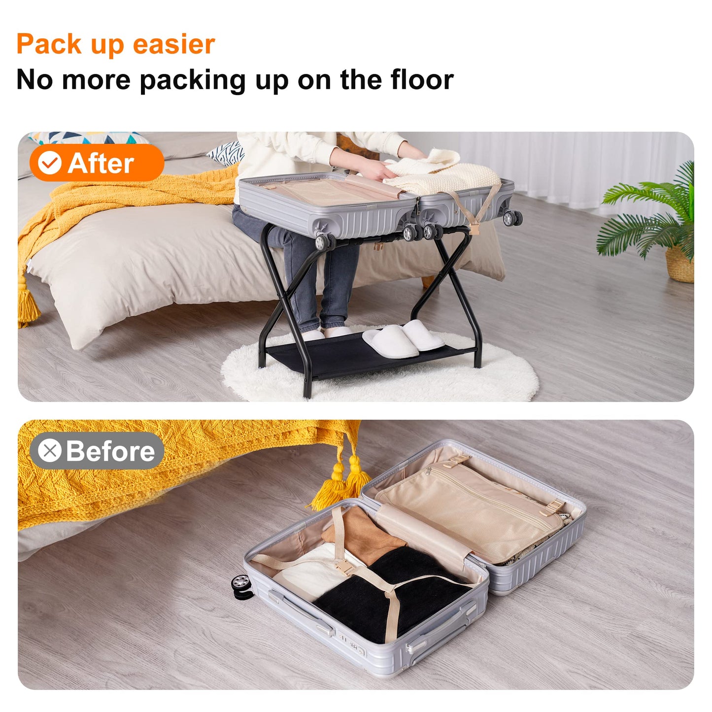Heybly Luggage Rack for Guest Room, Pack of 2, Steel Folding Suitcase Stand with Storage Shelf for Bedroom, Hotel, Foldable Steel Frame, Guest Room 26.2" L x 14.4" W x 20.5" H, Black HLR004B2