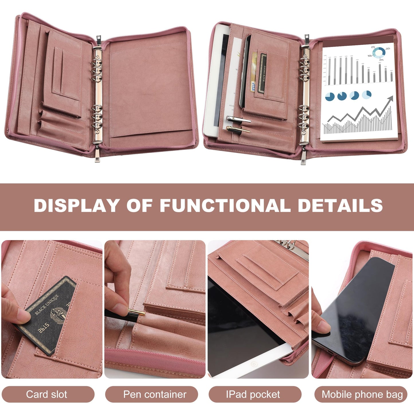 KISSKI A5 Planner Binder Padfolio for Women, Small 6 Ring Resume Folders for Interview, Vegan Leather Portfolio Organizer Folio with Zipper and 1pc A5 Notepad, Business Card/Pen Holder, Gifts, Pink