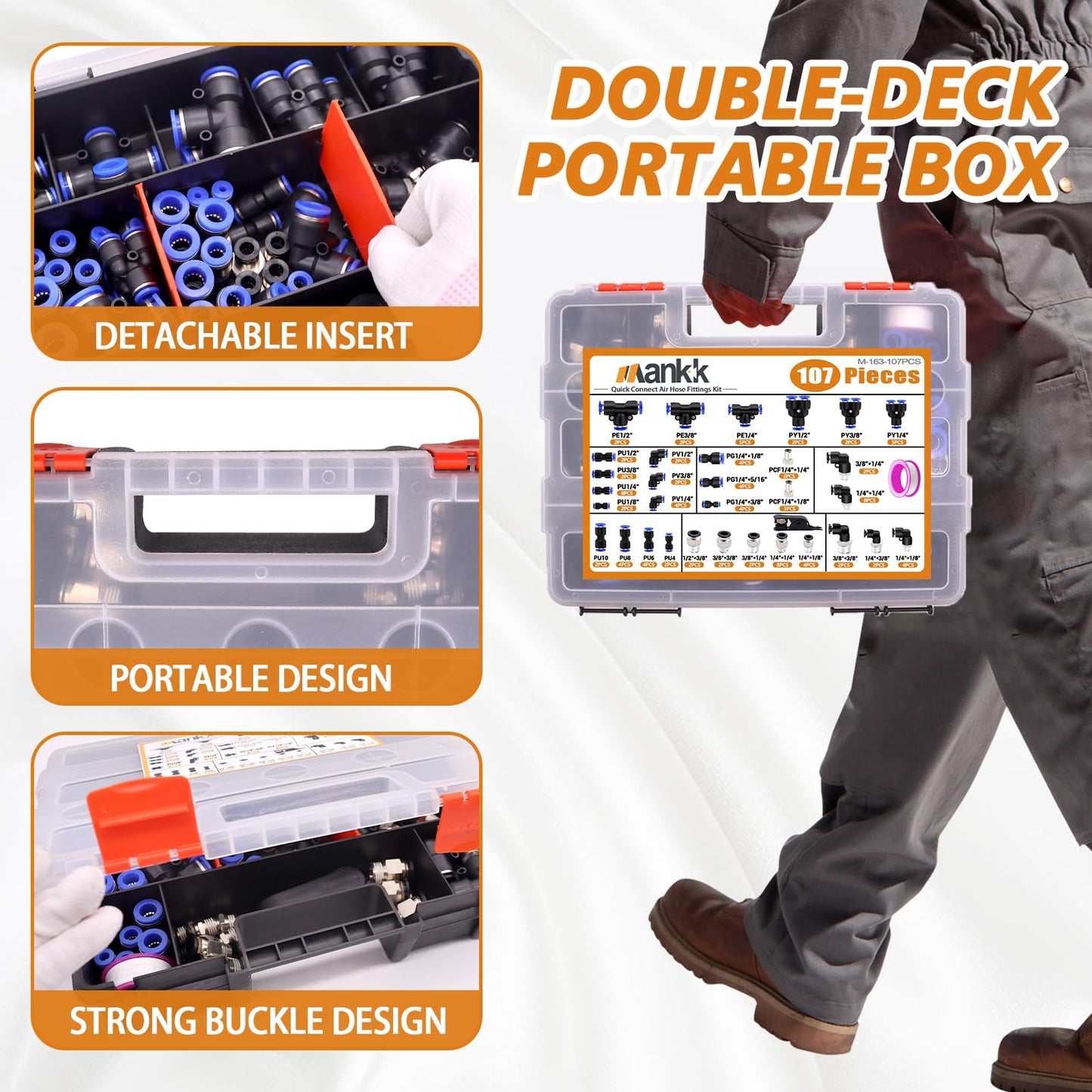 mankk 107PCS Quick Connect Air Hose Fittings Kit 32 Sizes 1/8" 1/4" 5/16” 3/8" 1/2",4/6/8/10mm Push to Connect Fittings Air Line Fittings Quick Release Pneumatic Kit