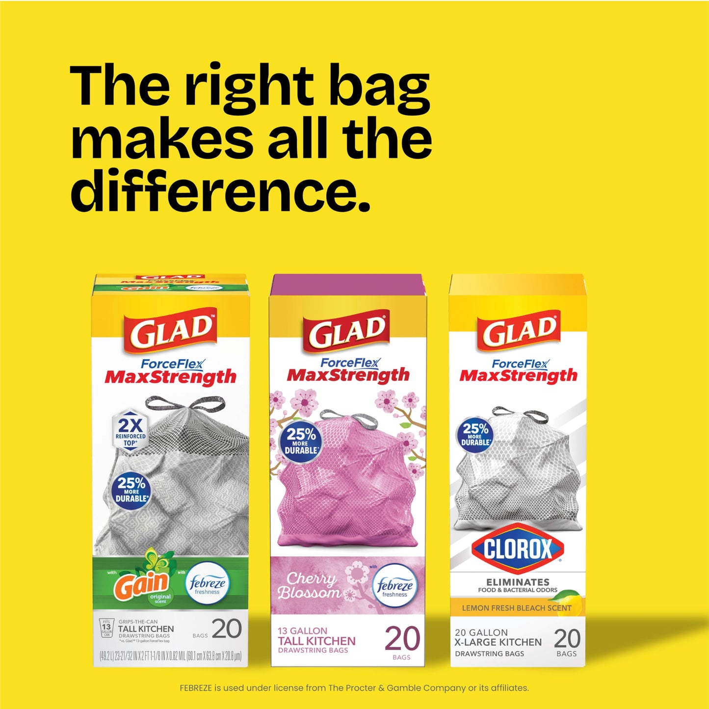 Glad ForceFlex MaxStrength Drawstring XL Kitchen Trash Bags, 20 Gal, Gain, 80 Ct (Package May Vary)