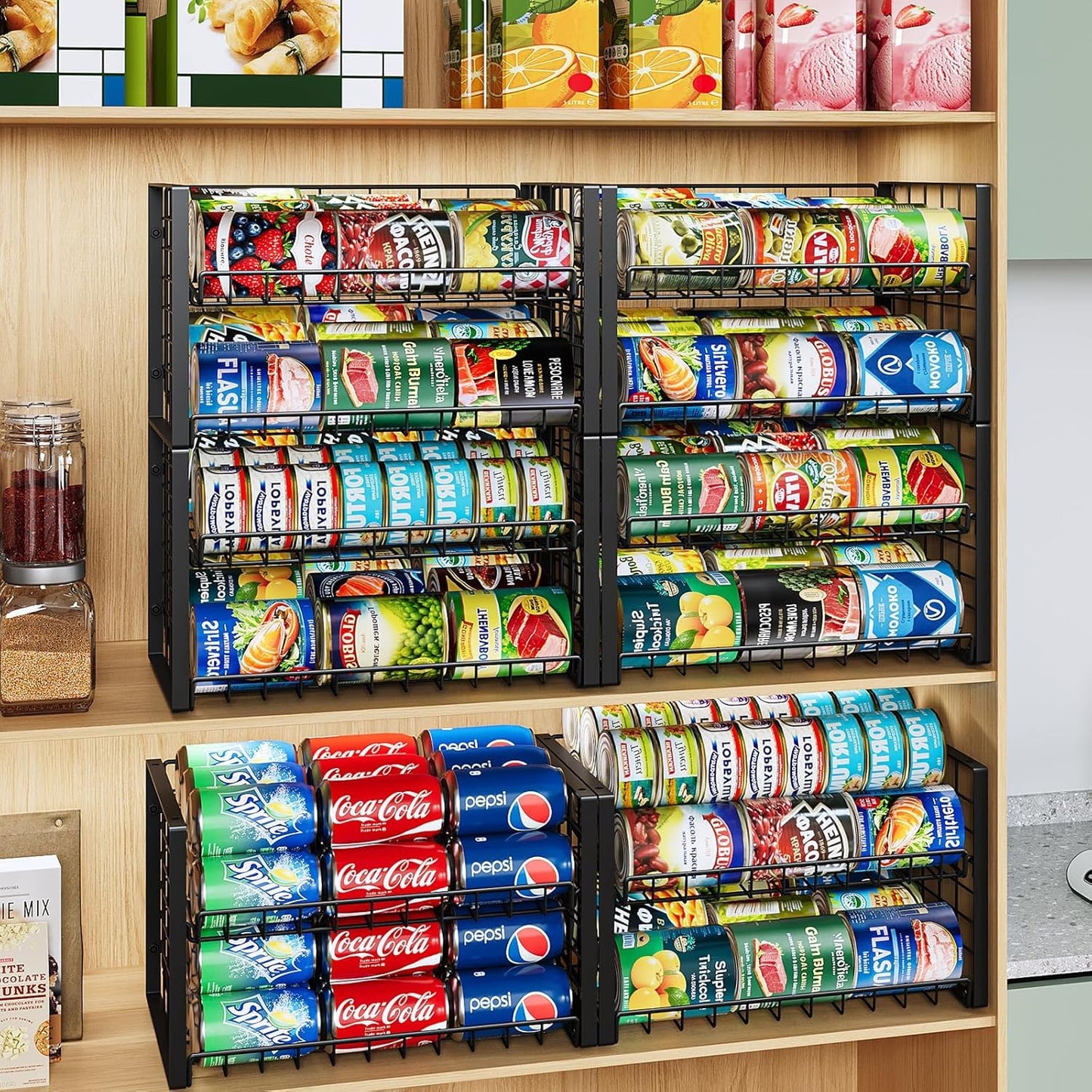 JKsmart 2-Tier Stackable Rack Organizer for Pantry, Adjustable Dispenser Holds Up to 120 Cans, Storage Holder for Various Ounces of Canned Drinks, Black, 4 Pack
